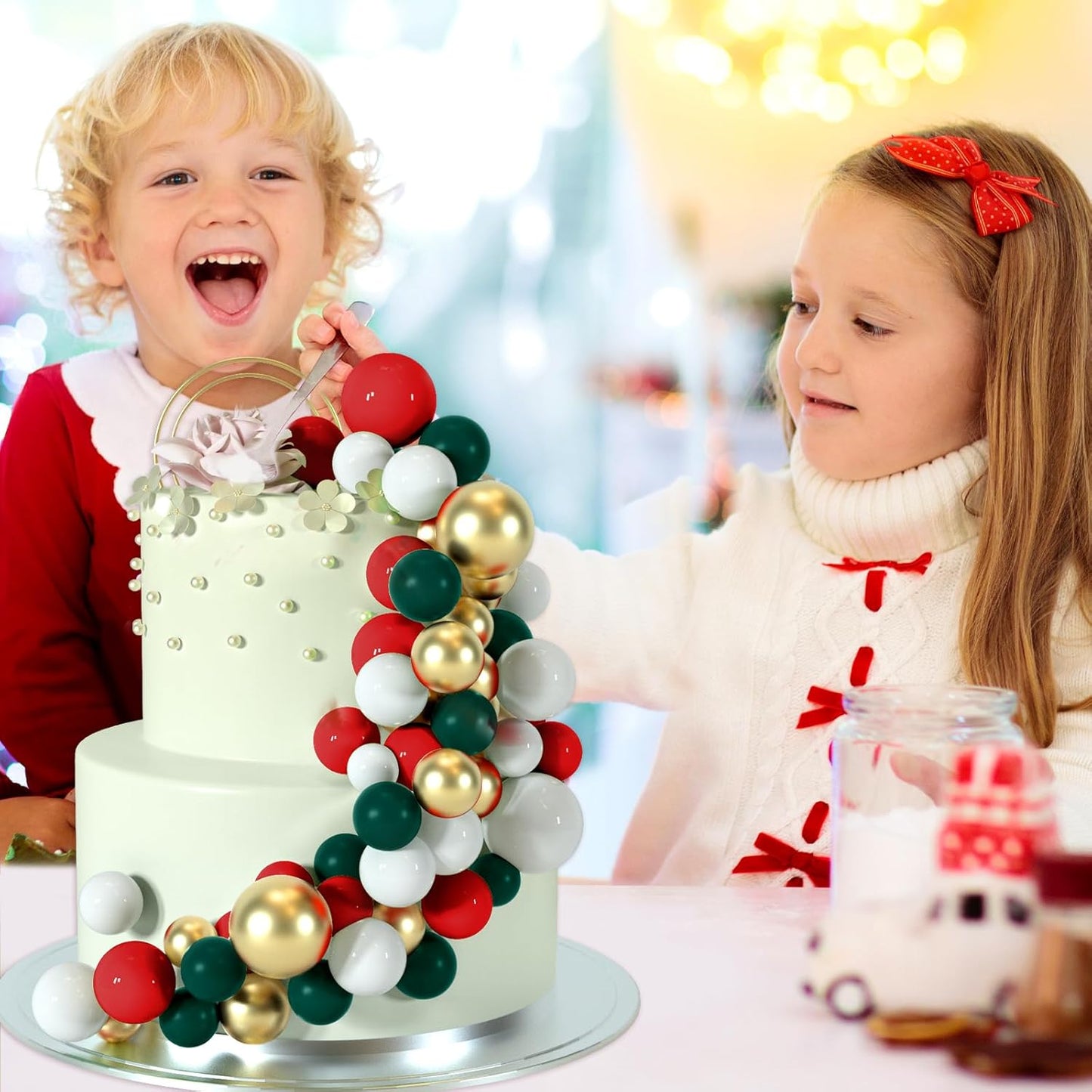 48 Pcs Balls Cake Topper Decorations Balloon Cupcake Toppers Foam Cake Topper Balls Cake Balls Decorations for Christmas Birthday Party Wedding Cake Decorating(Green,Red,White,Gold)