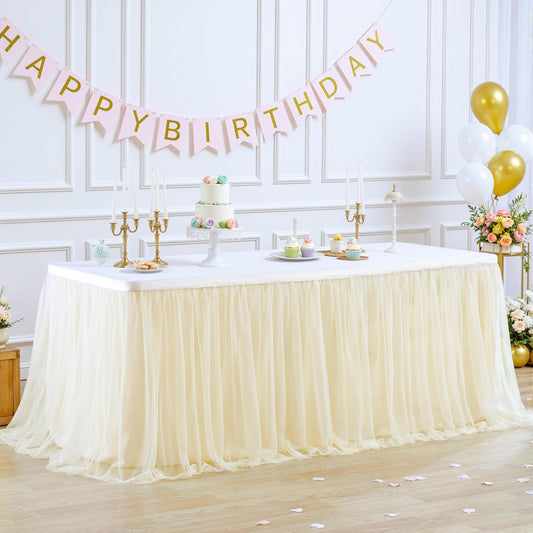 Suppromo 14ft Champagne Table Skirts for Rectangle Tables or Round Tables Champagne Tulle Tutu Table Cloths Cover for Birthday Party Wedding Baby Shower Dessert Cake Table Decorations