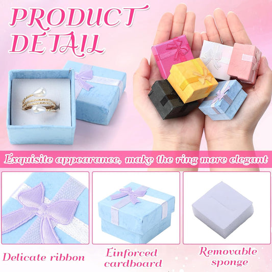 72 Pcs Ring Boxes 1.6 x 1.6 In Hard Cardboard Jewelry Box with Ribbon Bow Small Jewelry Gift Cases for Small Business(Bright Color)