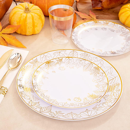 Supernal 175pcs Thanksgiving Gold Plastic Plates,Disposable Dinnerware Set,Elegant Thanksgiving Maple Leaf Design,25Gold Plastic Silverware,25Gold Disposable Cups and Gold Paper Napkins