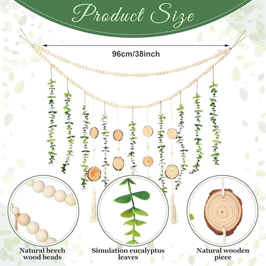 Jetec Hanging Eucalyptus Boho Wall Decor 36 x 36 Inch Boho Wall Hanging Wooden Bead Garland Artificial Greenery Leaves Stems Eucalyptus Garland for Bedroom Living Room Greenery Decoration