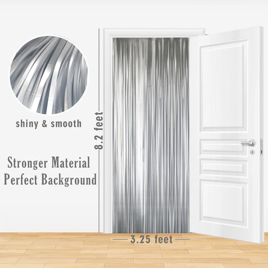 GOER 3.2 ft x 8.2 ft Metallic Tinsel Foil Fringe Curtains,Party Streamer Backdrop for Birthday,Graduation Decorations and New Year Eve (2 Pcs,Matte Silver,Thick Material)