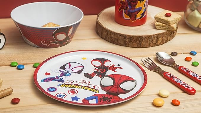 Zak Designs 5-Piece Dinnerware Set, Marvel Spidey and His Amazing Friends - Durable Plastic & Stainless Steel - Includes Water Bottle, Plate, Bowl, Fork & Spoon - Suitable for Kids Ages 3+