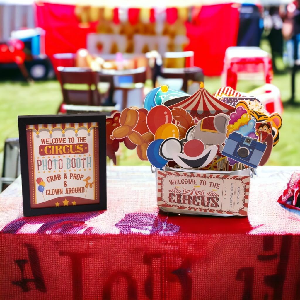 Carnival Photo Booth Props - 41-pc Photobooth Kit with 8 x 10-Inch Sign, 60 Adhesive Pads, 45 Sticks - Circus Theme Party Decorations - Carnival Backdrop