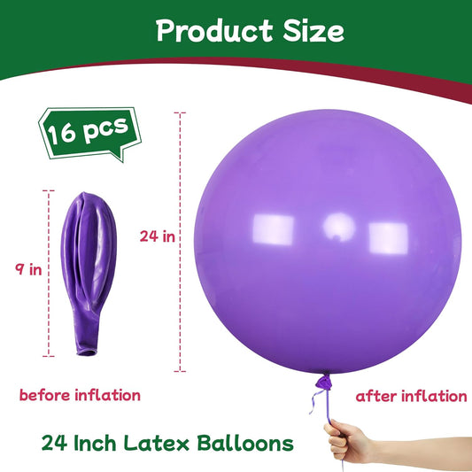 AZOWA 24 Inch Purple Balloons 16-Count Large Latex Round Balloons for Party Wedding Birthday Baby Shower Decoration (Purple, 16 Pcs)