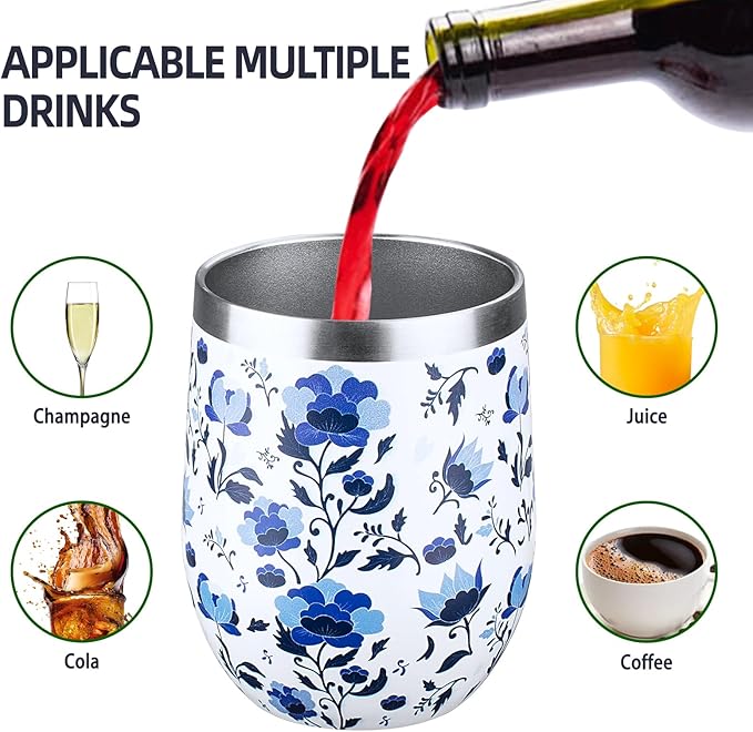 12 oz Insulated Wine Tumbler with Lid and Straw,Stainless Steel Stemless Wine Tumbler Glasses Double Wall Vacuum Wine Cups Tumbler Bulk for Coffee,Cocktail,Office(Blue and White Porcelain,1)