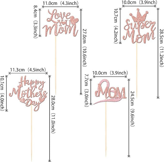 12 PCS Happy Mother's Day Centerpiece Sticks Double Sided Love Super Mom Best Mom Centerpieces for Happy Mother's Day Theme Table Flower Decorations Women Birthday Party Supplies Rose Gold