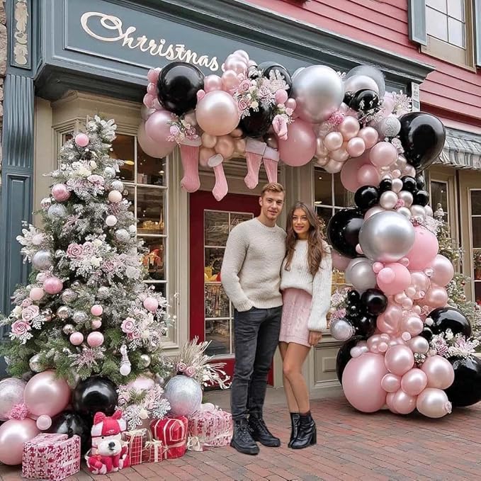 Pearl Pink Black Balloon Arch Kit, Double Stuffed Pastel Baby Pink Blush Silver Balloon Garland for Baby Shower Birthday Bridal Wedding Graduation Mothers Day Women Bachelorette Party Decoration