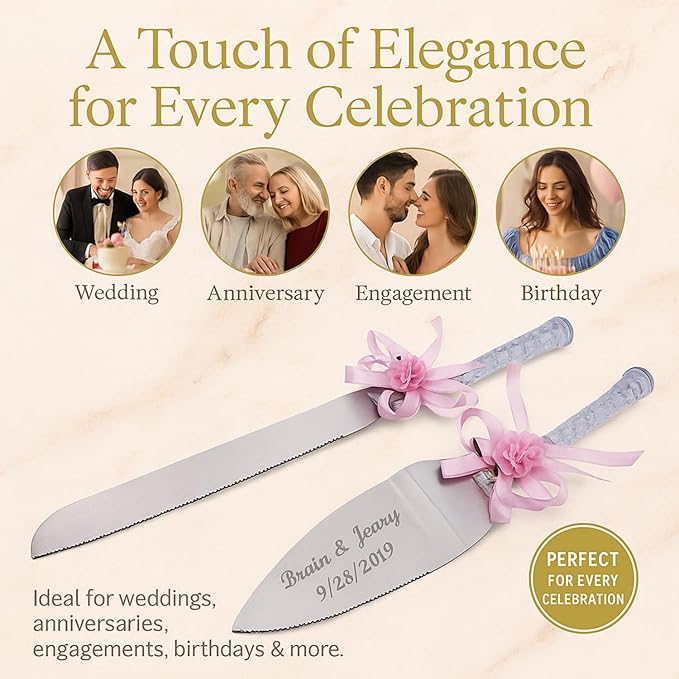 GIFTS INFINITY Personalized Wedding Cake Knife and Server Set with Engraving – Cake Cutting Utensil Set, Keepsake Gift for Wedding, Anniversary, Reception, Birthday & Other Occasions (Flower HG Pink)