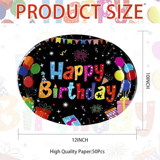50 Pcs Happy Birthday Oval Paper Plates 10"x12" Large Colorful Black Birthday Plates Disposable Heavy Duty Birthday Theme Party Plates Happy Birthday Party Supplies for Boys Girls Birthday Party Decor