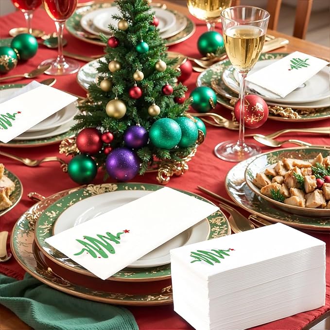 Supernal 100pcs Christmas Disposable Paper Napkins, Red Green Christmas Tree Napkins, Linen Like Papers Hand Towels, Christmas Guest Napkins for Kitchen Bathroom Christmas Parties Dinners and Events