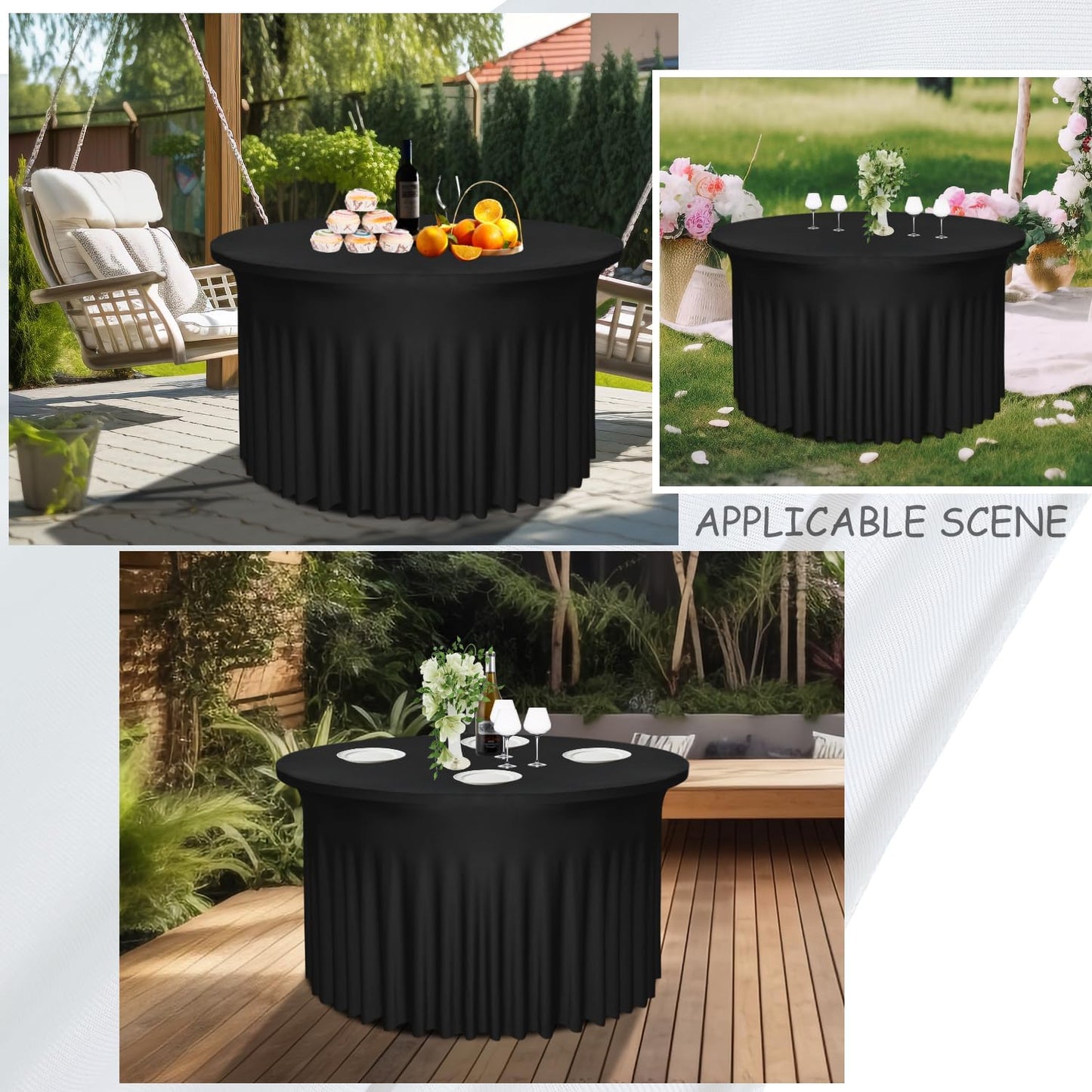 6-Pack 60" Diameter x 30" Height Black Round Table Skirts for 5FT Tables | Wrinkle & Stain Resistant Polyester Spandex Tablecloths with Elastic Fit | Ideal for Weddings, Parties, Banquets, Dining