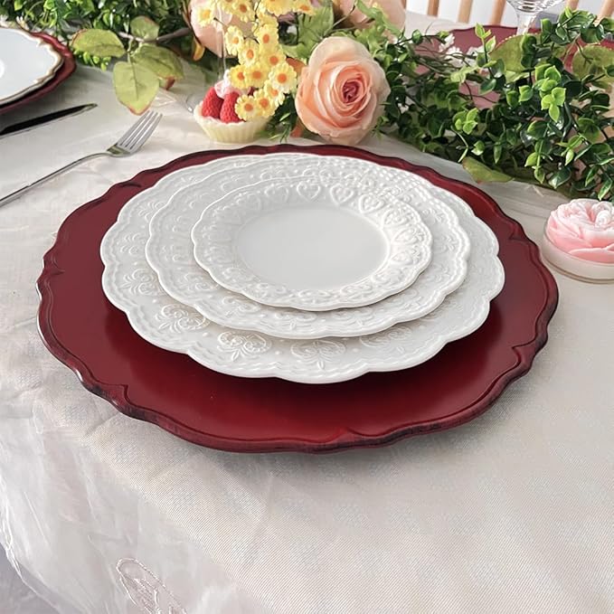 Antique Red Charger Plates Set of 6, 13" Plate Charger for Dinner Plates, Plastic Round charger plates bulk Wedding, Events, Party, Tabletop Decor.