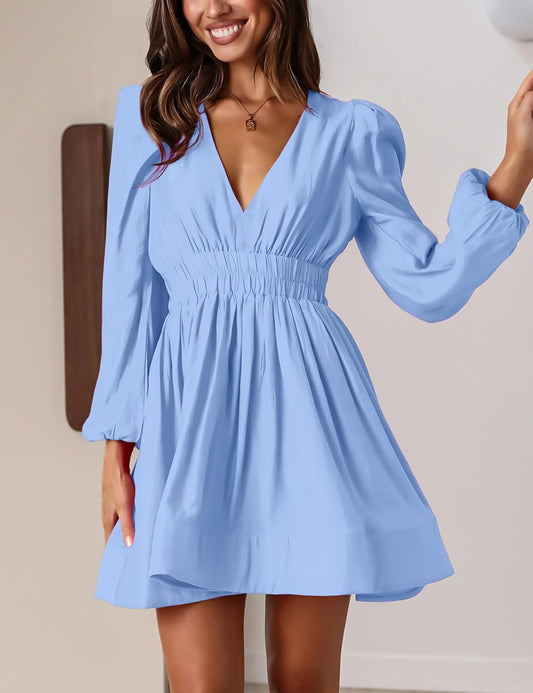 FAIABLE Mini Deep V Sexy Long Sleeve Dress for Women A-line High Waisted Casual Flowy Dress for Cocktail Wedding Guest