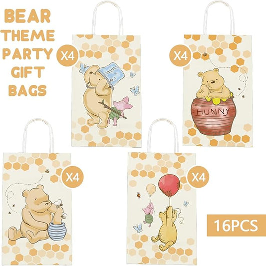 wjrsxilt Pooh Bear Gift Bags with Handles - 16pcs Winnie Goodie Bag with Rope for Bear Themed Parties, Kid's Birthday, Halloween Candy Gift Treat Bags for Party Favor 8.6 * 5 * 3.7inch
