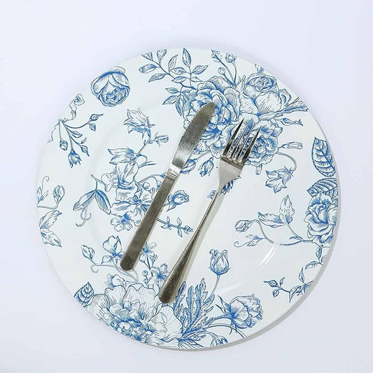 Efavormart 6 Pack White Blue Floral Acrylic Charger Plates in French Toile Pattern, Round Dinner Charger Event Tabletop Decor - 13"