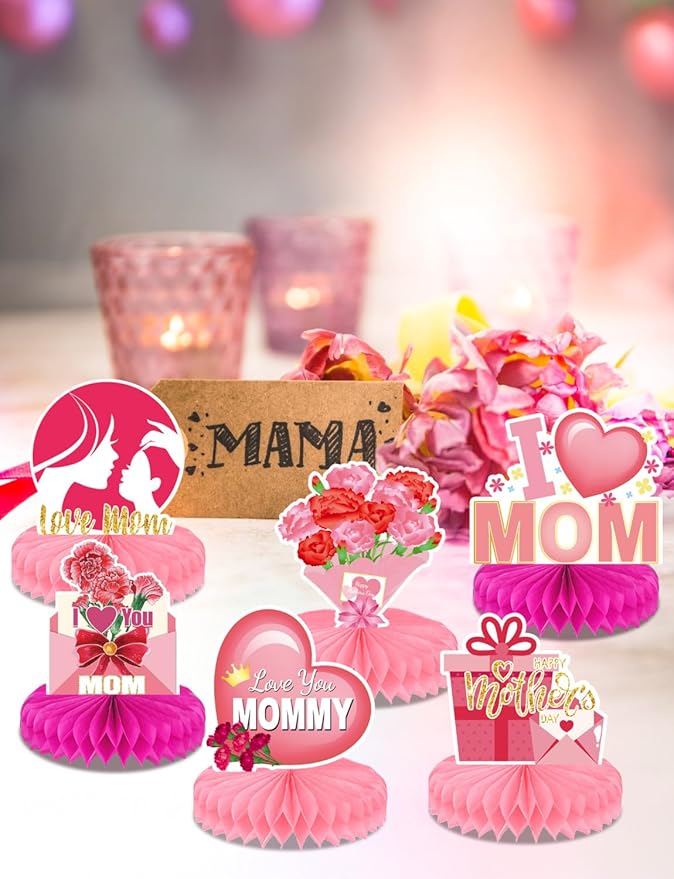 Mothers Day Table Decorations - Happy Mothers Day Centerpieces for Tables, 9Pcs Pink Super Mom Theme Honycomb Centerpieces, 3D Flowers and Heart Table Toppers, for Mother‘s Party Supplies