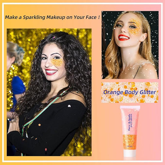MEICOLY Orange Face Body Glitter,Sparkling Hair Face Glitter Gel,Mermaid Sequins Face Paint Glitter Autumn Makeup,Halloween Festival Rave Accessories Makeup,Party Body Glitter Gel for Women Kids