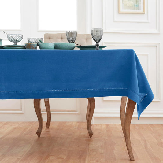 Solino Home Linen Indigo Blue Tablecloth 60 x 156 Inch - Classic Hemstitch, 100% Pure Linen Rectangular Tablecloth - Machine Washable Table Cloth for Fall, Autumn