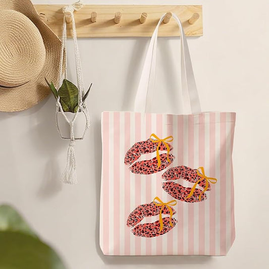 Coquette Bow Red Leopard Lip Tote Bag for Women,Trendy Cheetah Print Canvas Tote Bag for Girls,Girly Leopard Lip Print Aesthetic Reusable Shopping Grocery Bags Party Favors