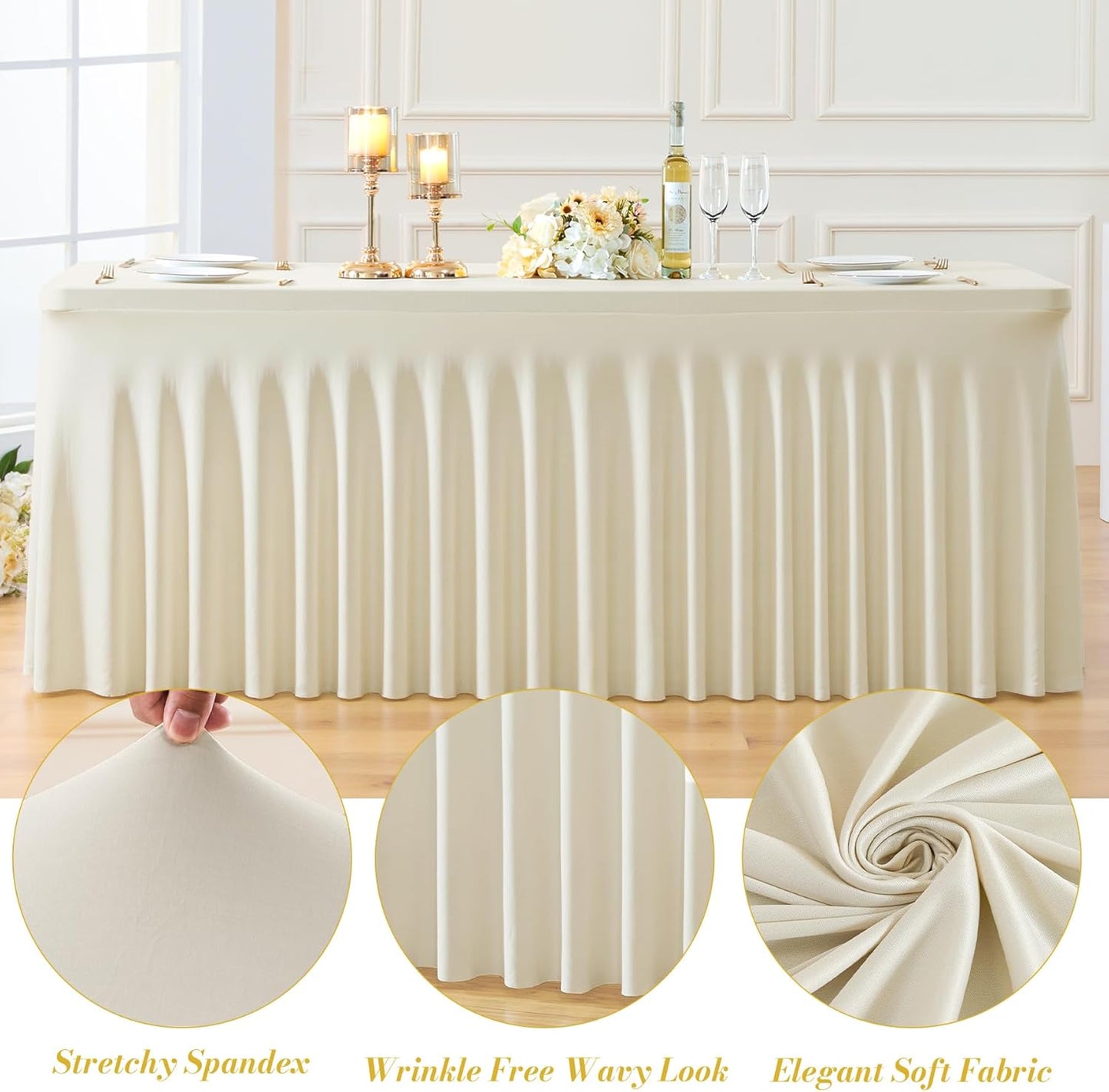 4 Pack Spandex Beige Fitted Table Cloth for 8ft Rectangle Tables Beige Stretch Tablecloth Table Covers Skirt Banquet Wrinkle Free Tablecloths for Parties Wedding