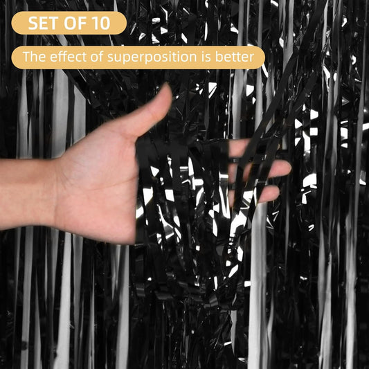 10 Pack Black Foil Curtain Backdrop 3.2ft x 9.8ft Metallic Tinsel Foil Fringe Curtains Streamer Photo Booth Backdrop for Birthday Party Engagement Bachelorette Party Decorations (Black)