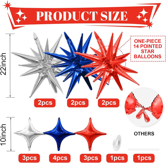 Red Blue Silver Star Balloons,6Pcs 22Inch Explosion Star Balloons and 10Pcs 10Inch Four Angle Balloon Kit for 4th of July Independence Day Birthday Anniversary Usa Party Patriotic Decorations