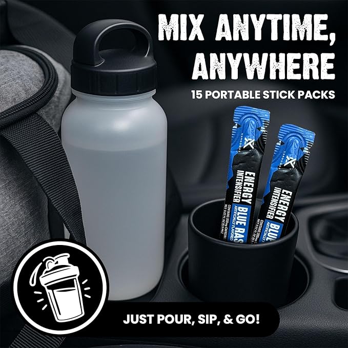 CardoMax - Energy Drink Packets - Liquid Preworkout for Men & Women Caffeine Packets with BCAA, Vitamin B12, Vitamin B6 & B3 - Sugar-Free, Zero Calorie, Vegan & Keto - 15 Stick Packs - Blue Raspberry