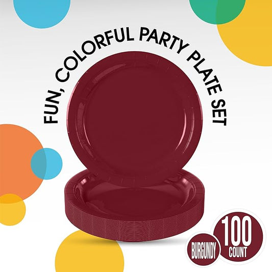 Exquisite Burgundy Paper Plates Disposable Heavy Duty 7 Inch Burgundy Disposable Plates For Party 100 Pcs Heavy Duty Paper Plate 350 GSM, Birthday Party Supplies Plate Set