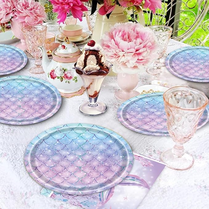40pcs Mermaid Themed Party Supplies Under the Sea Mermaid Birthday Party Decorations Ocean Party Tableware Set for Girls Baby Shower
