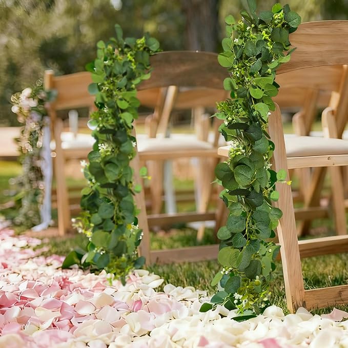 4 Packs 5.74 Ft Artificial Eucalyptus Garland Leaves with Flowers Artificial Fake Greenery Hanging Vines for Wedding Table Home Stairs Decor Decorations Garland for Mantle