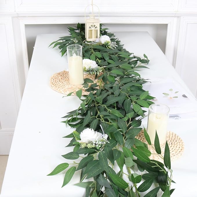 RECUTMS Fake Willow Leaves Vine Artificial Italian Ruscus Greenery Garland 2Pack 6.5FT Faux Hanging Silk Leaf Ivy Rattan for Home Office Wedding Garden Balcony Wall Window Indoor Outdoor Decor