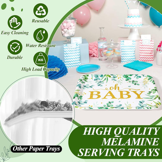 Greenery Baby Shower Serving Tray - 3 PCS Melamine Platters Sage Green Baby Shower Party Supplies 13" Eucalyptus Leaves Oh Baby for Gender Reveal Decorations Birthday Neutral Party Favors