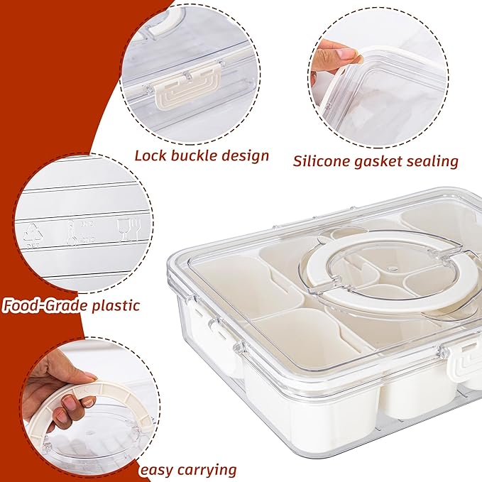 Divided Serving Tray with Lid and Handle - Divided Snack Tray for Portable Snack Platters - Clear Organizer for Candy, Fruits, Nuts, Snacks - Perfect for Party, Entertaining,2 pcs