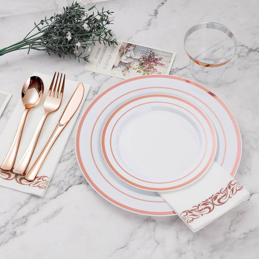 BESTVIP 350PCS Rose Gold Disposable Dinnerware Set for 50 Guests, Plastic Plates for Party, Wedding, Christmas, Halloween, Include: 100 Plastic Plates, 50 Silver Silverware, 50 Cups, 50 Napkins
