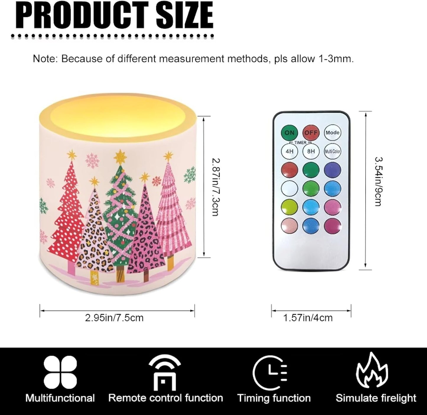 Poceacles Christmas LED Flameless Candles Set of 4 Battery Operated Fake Flickering Candles with Remote and Timer, for Holiday Festival Decor, Leopard Print Christmas Tree Snowflake Pink