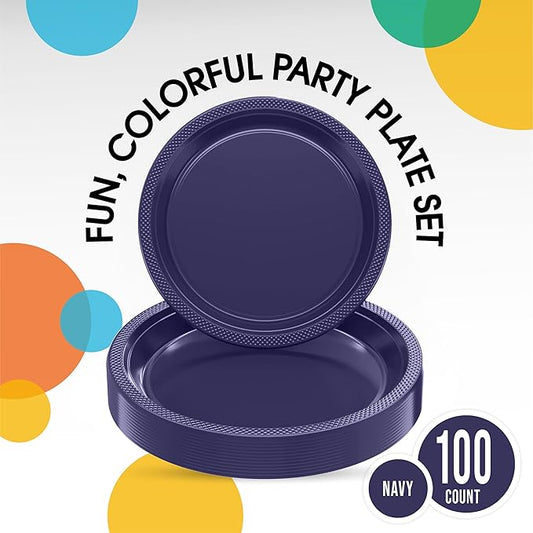 Party Solids Navy Plastic Plates For Party Supplies, Navy Disposable Plates 100 Pieces - 50-7" & 50-9" Heavy Duty 350 GSM Disposable Dinnerware Sets, Plastic Dinnerware Sets