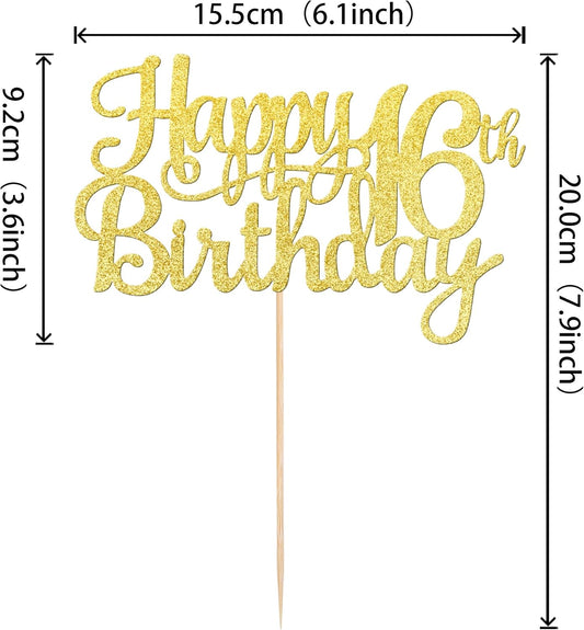 1 PCS Happy 16th Birthday Cake Topper Gold Glitter Cheers to 16 Years Birthday Cake Pick Sweet 16 Fabulous Cake Decoration for Happy 16th Birthday Theme Party Decorations Supplies