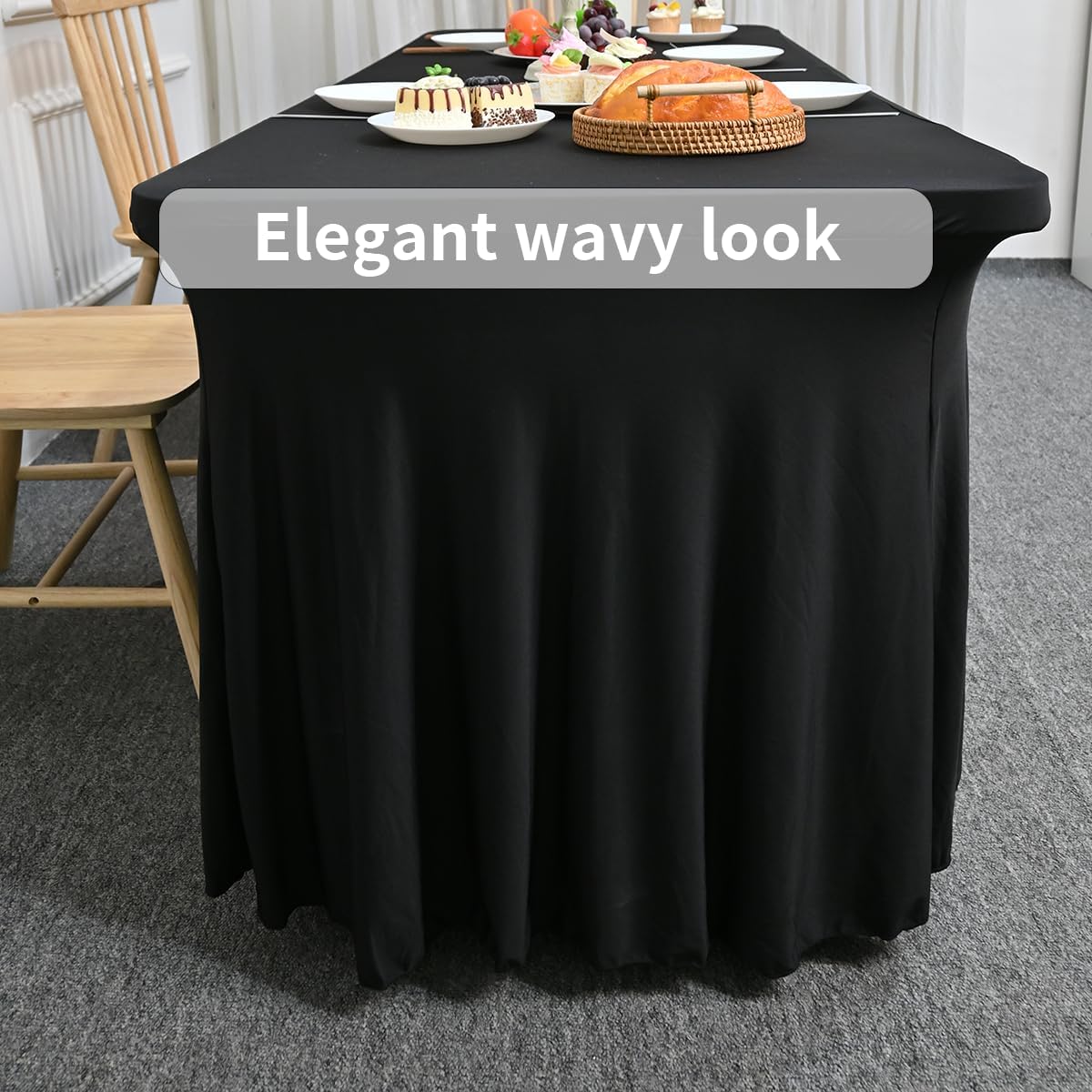 HAORUI Table Skirts, 6ft Rectangle Wrinkle Resistant Table Clothes, Ruffles Elastic Table Cover for Banquets, Weddings, Parties Black…