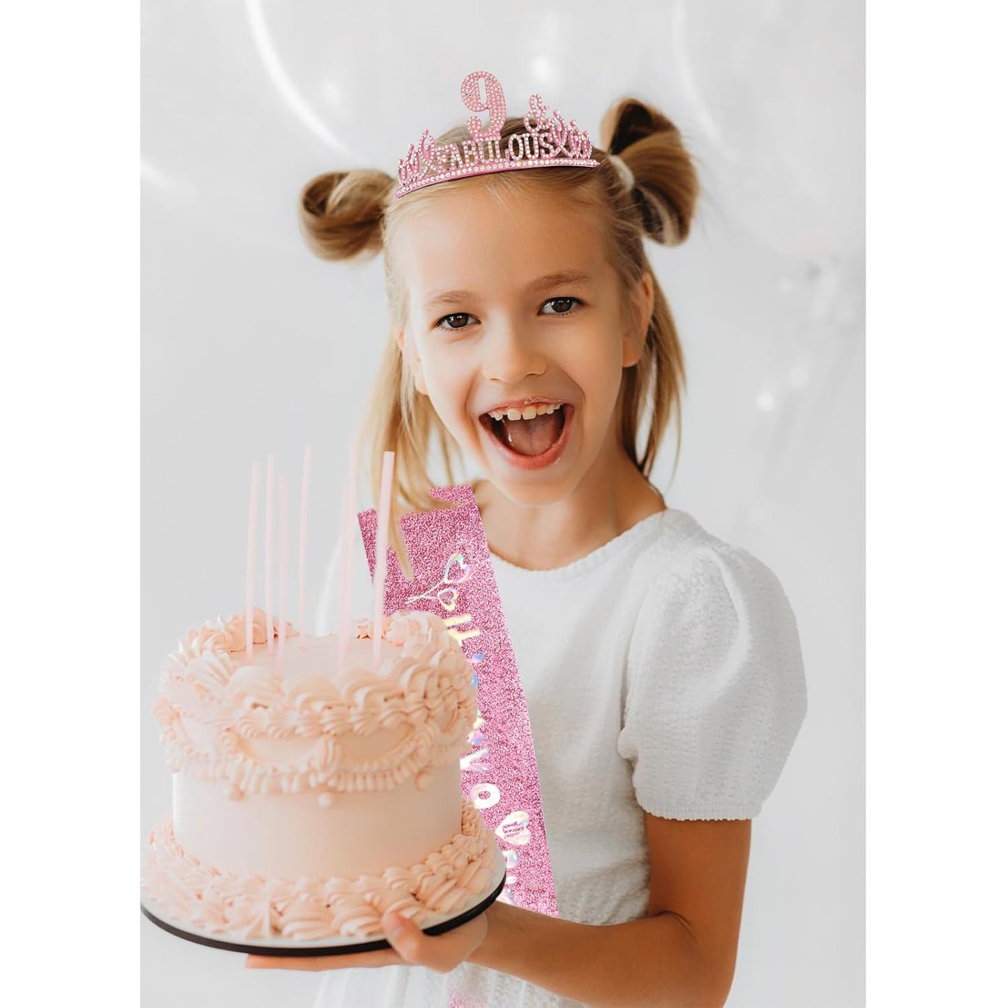 9th Birthday Decorations for Girls Set - Happy 9th Birthday Princess Crown and Glitter Sash, 9 Year Old Girl Tiara Party Decorations Supplies Outfit Accessory Gifts