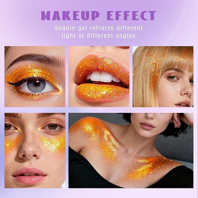 HOSAILY Roll-on Orange Body Glitter Gel for Face Hair, Holographic Chameleon Color Changing Face Paint Glitter Autumn Makeup, Chunky Mermaid Sequins Festival Party Rave Accessories Shimmer Makeup