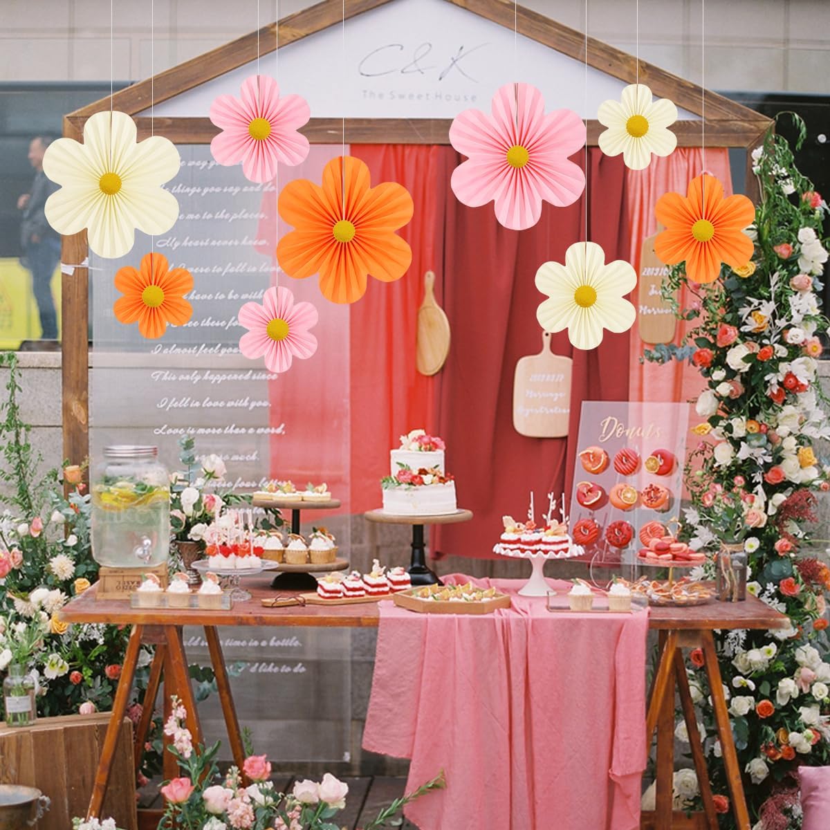 Pink and Orange Party Decorations Paper Flowers Decorations for Wall Classroom Paper Fans Floral Backdrop Flower Wall Decor Pack of 9 Pink Orange