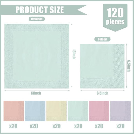 Whaline 120Pcs Pastel Rainbow Paper Napkins Colorful Disposable Dinner Napkins Multi-colored Luncheon Napkin for Spring Easter Summer Party Birthday Baby Shower Wedding Home Table Decor, 6 Colors