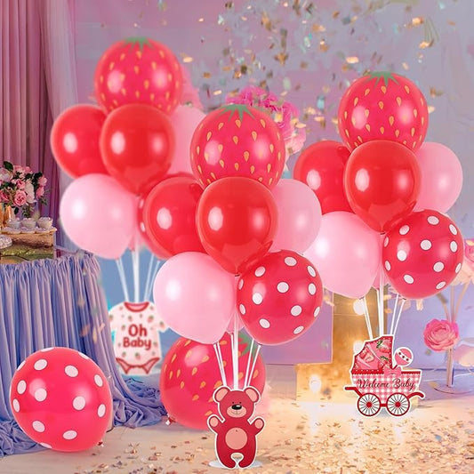 6 Sets Strawberry Balloon Stand Kit for Table Strawberry Baby Shower Centerpieces with Balloon Sweet Strawberry Party Balloon Decorations for Girls Strawberry Birthday Themed Supplies