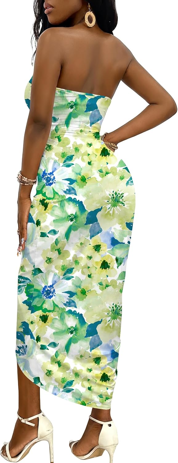 Umenlele Women's Strapless Ruched High Waist Wrap Split Asymmetrical Beach Maxi Long Dress