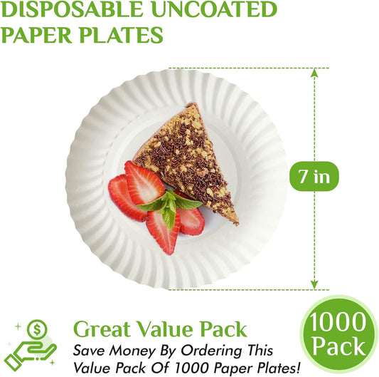 FOCUSLINE 7 Inch Paper Plates, White Paper Plates Uncoated, Everyday Disposable Dessert Plate 7" Small Plate Bulk 1000 Count