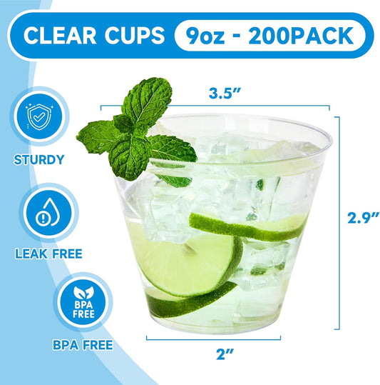 RACETOP 9 oz 200 packs Clear Disposable Plastic Cups, Durable Plastic Cups Tumblers, Perfect for Parties, Wedding and Festival Events