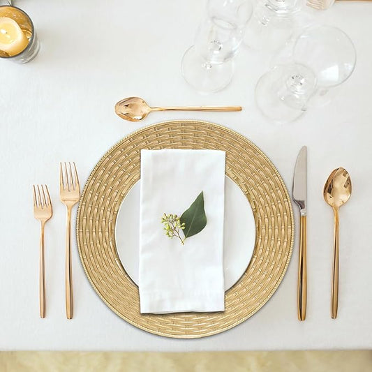 MAONAME 13" Gold Charger Plates Set of 12, Table Chargers for Dinner Plates, Faux Rattan Plastic Plate Chargers, Round Charger for Table Setting, Wedding Decor