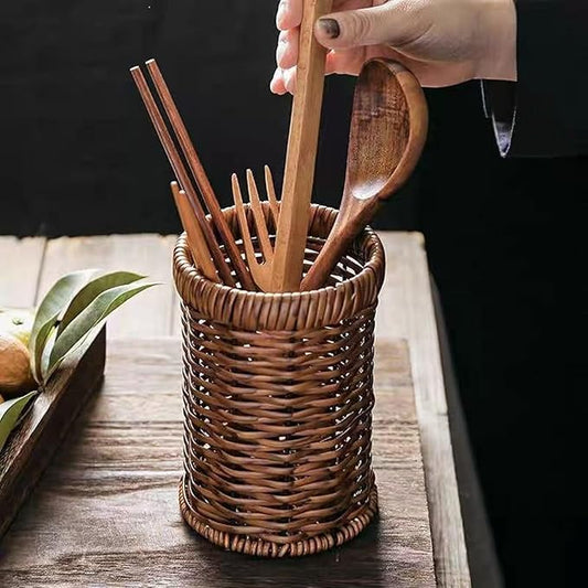 Utensil Holder Spoon Kitchen Counter Decor Wooden/Wicker Utensil Caddy6.1 L x 4" W x 4" H Farmhouse Kitchen Decor
