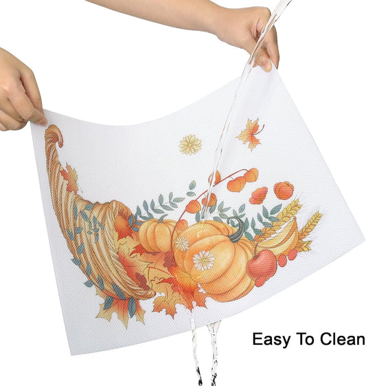 Thanksgiving Placemats Set of 4 Fall Place Mats Pumpkin Maple Leaves Table Mats Washable Non-Slip Heatproof Woven Placemats for Dining Table (17.7" X 11.8")
